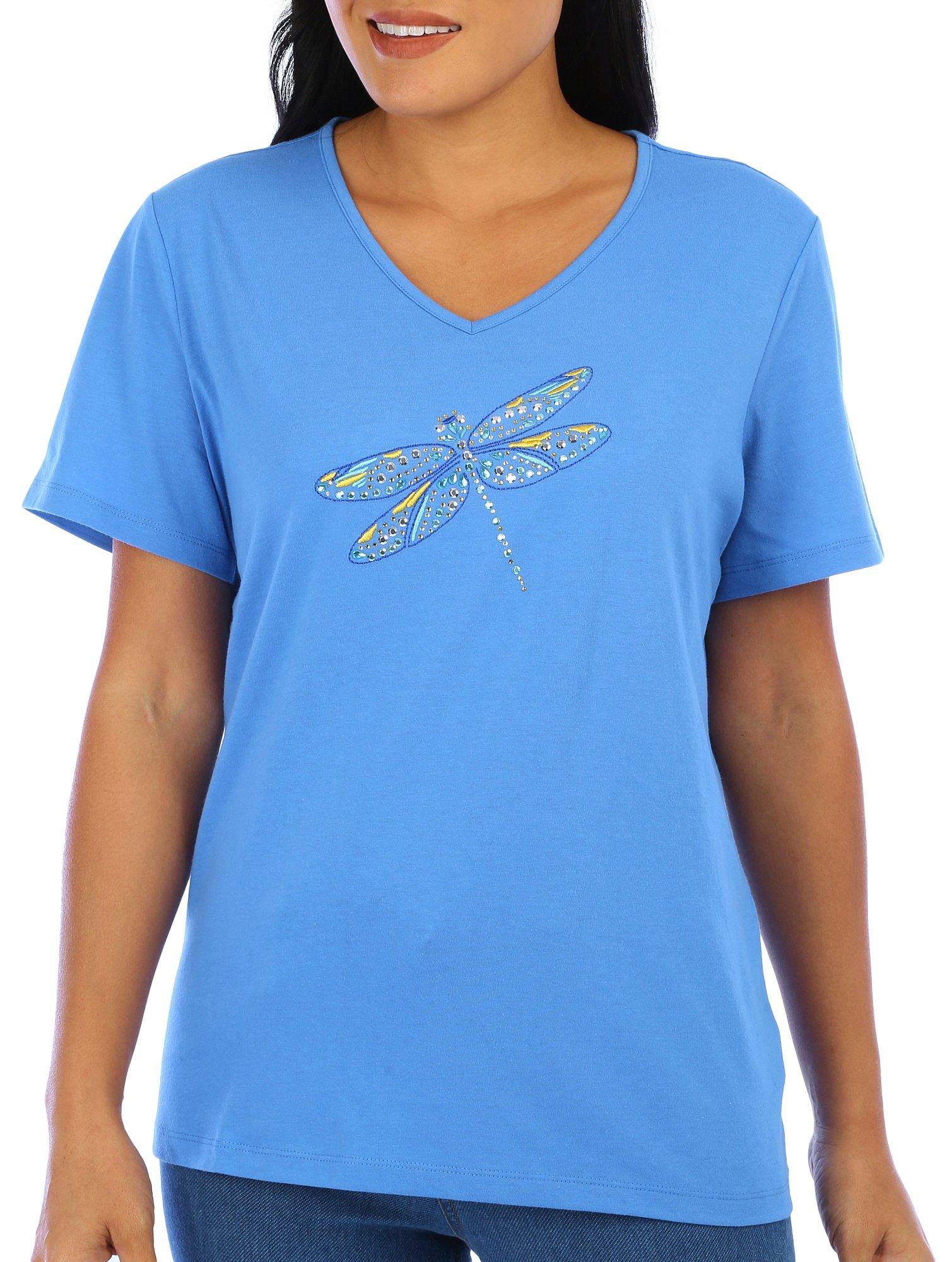 Womens Solid V-Neck Dragonfly Tee