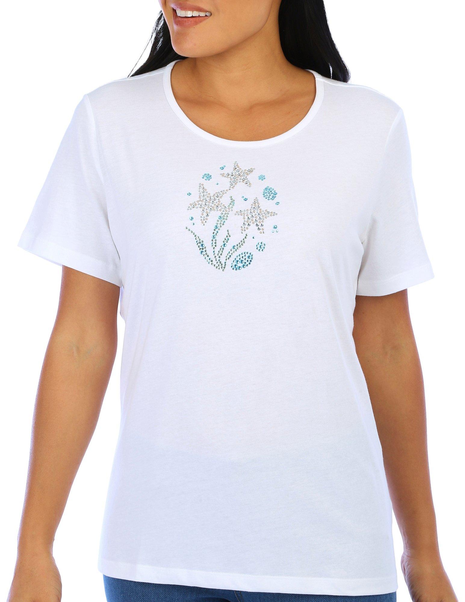 Coral Bay Womens Embellished Sea Star Short Sleeve Top