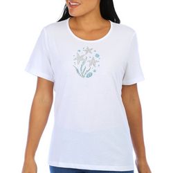 Coral Bay Womens Embellished Sea Star Short Sleeve Top