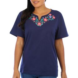 Coral Bay Womens Floral Embroidered Short Sleeve Top