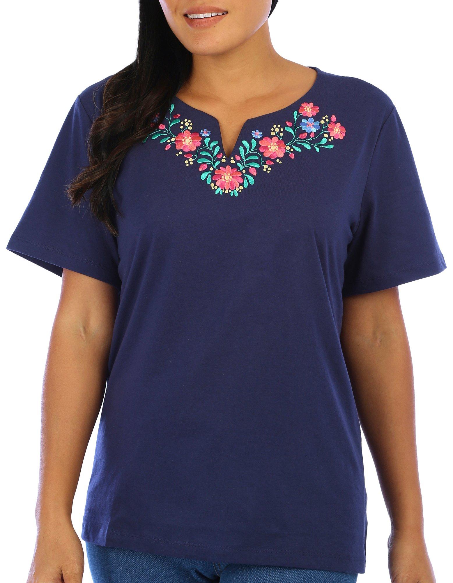 Womens Floral Embroidered Short Sleeve Top