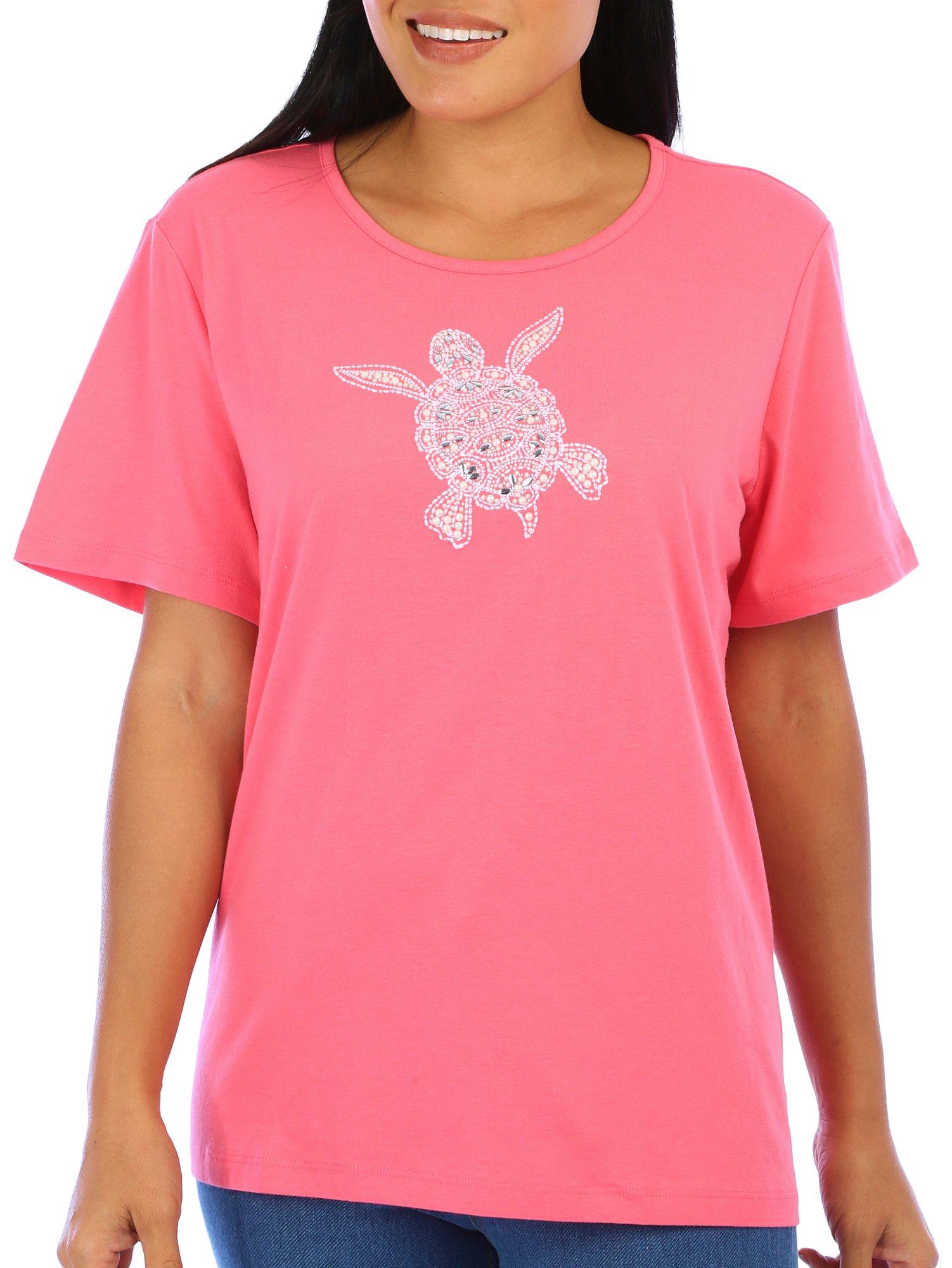 Coral Bay Womens Solid Embroidered Sea Turtle Tee