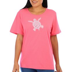 Coral Bay Womens Solid Embroidered Sea Turtle Tee