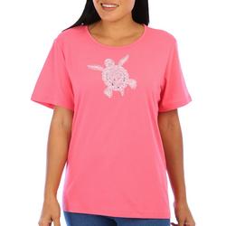 Womens Solid Embroidered Sea Turtle Tee