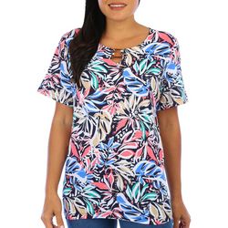 Coral Bay Womens Print Square Keyhole Short Sleeve Top