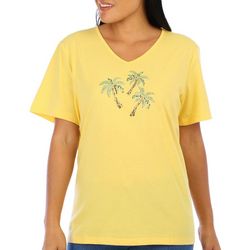 Coral Bay Womens Embellished Palms Short Sleeve Top
