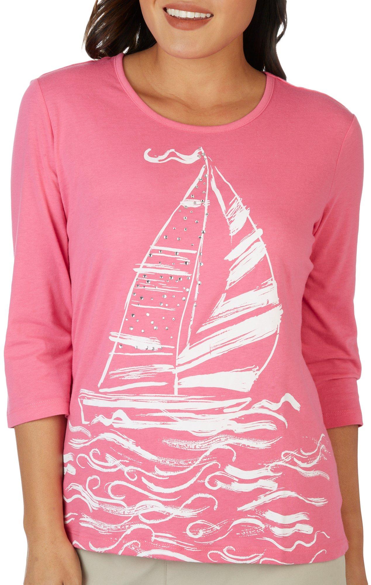 Coral Bay Womens Embellished Sailboat 3/4 Sleeve Top