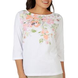 Womens Floral Round Neck 3/4 Sleeve Top