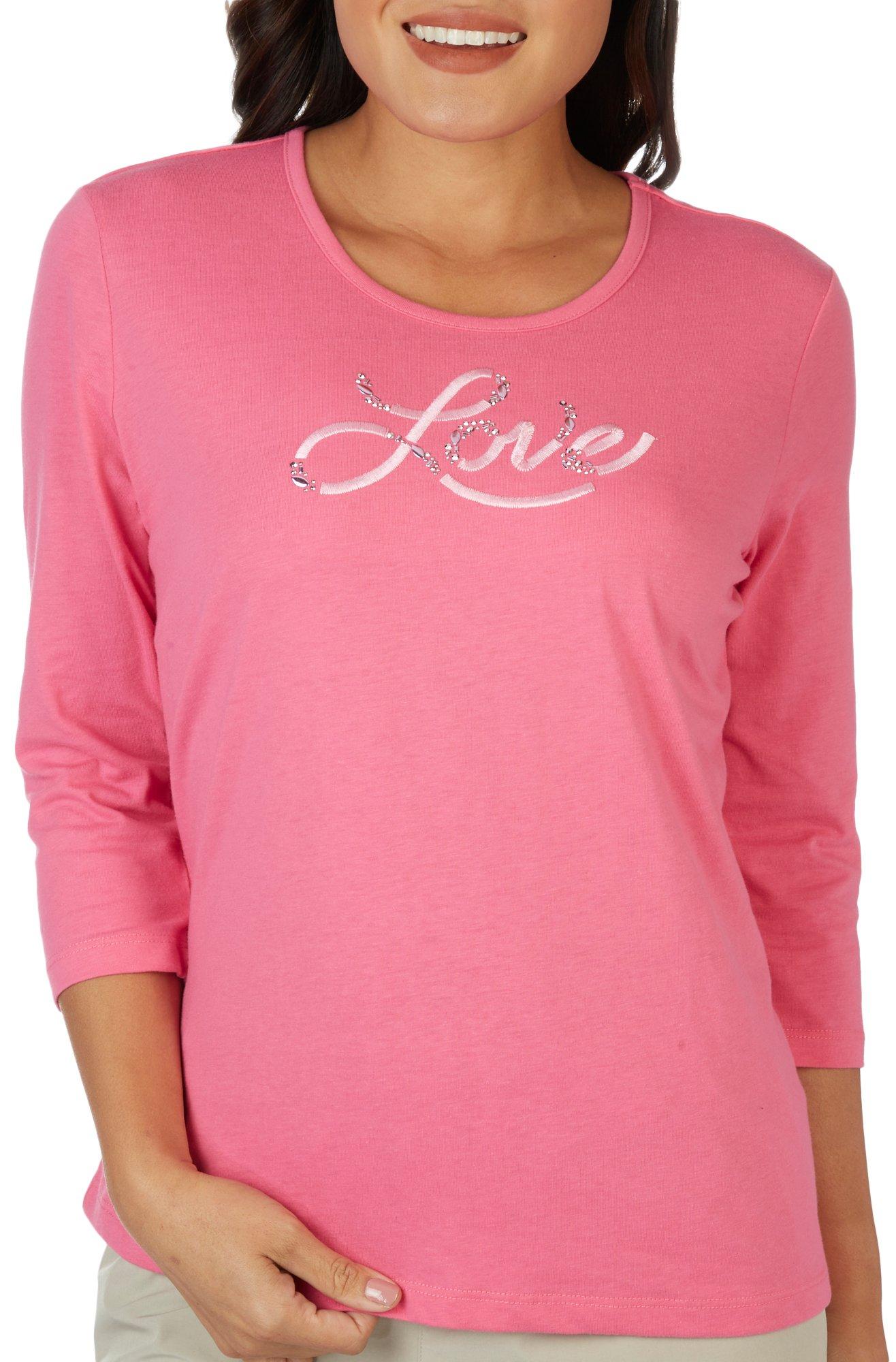 Womens Embroidered Embellished Love 3/4 Sleeve Top