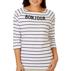 Womens Striped Bonjour Embroidered 3/4 Sleeve Top