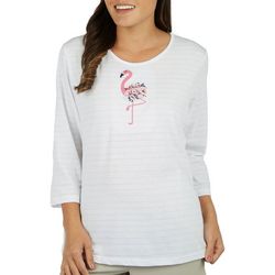 Coral Bay Womens Flamingo Embroidery 3/4 Sleeve Top
