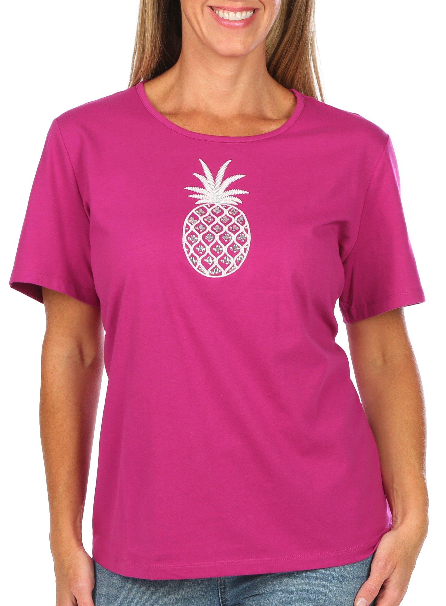 Coral Bay Womens Solid Embroidered Pineapple Tee