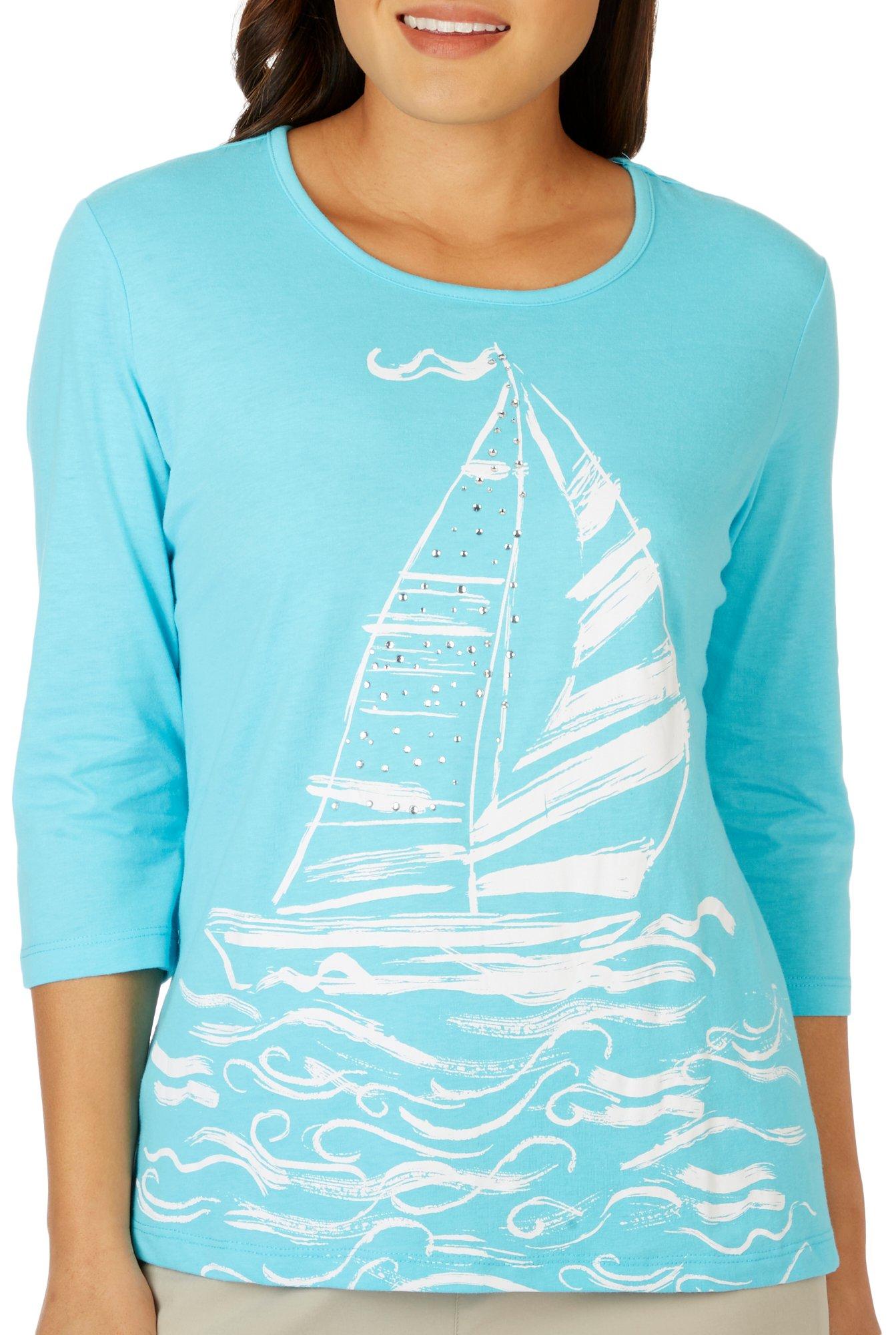 Coral Bay Womens Sailboat Rhinestone 3/4 Sleeve Top