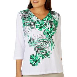 Womens Frond Leaves V- Neck 3/4 Sleeve Top