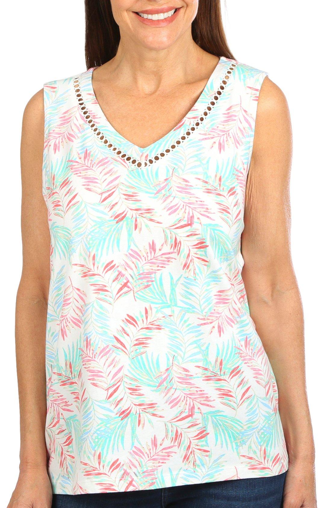 Coral Bay Womens Fronds Print Crochet Sleeveless Top