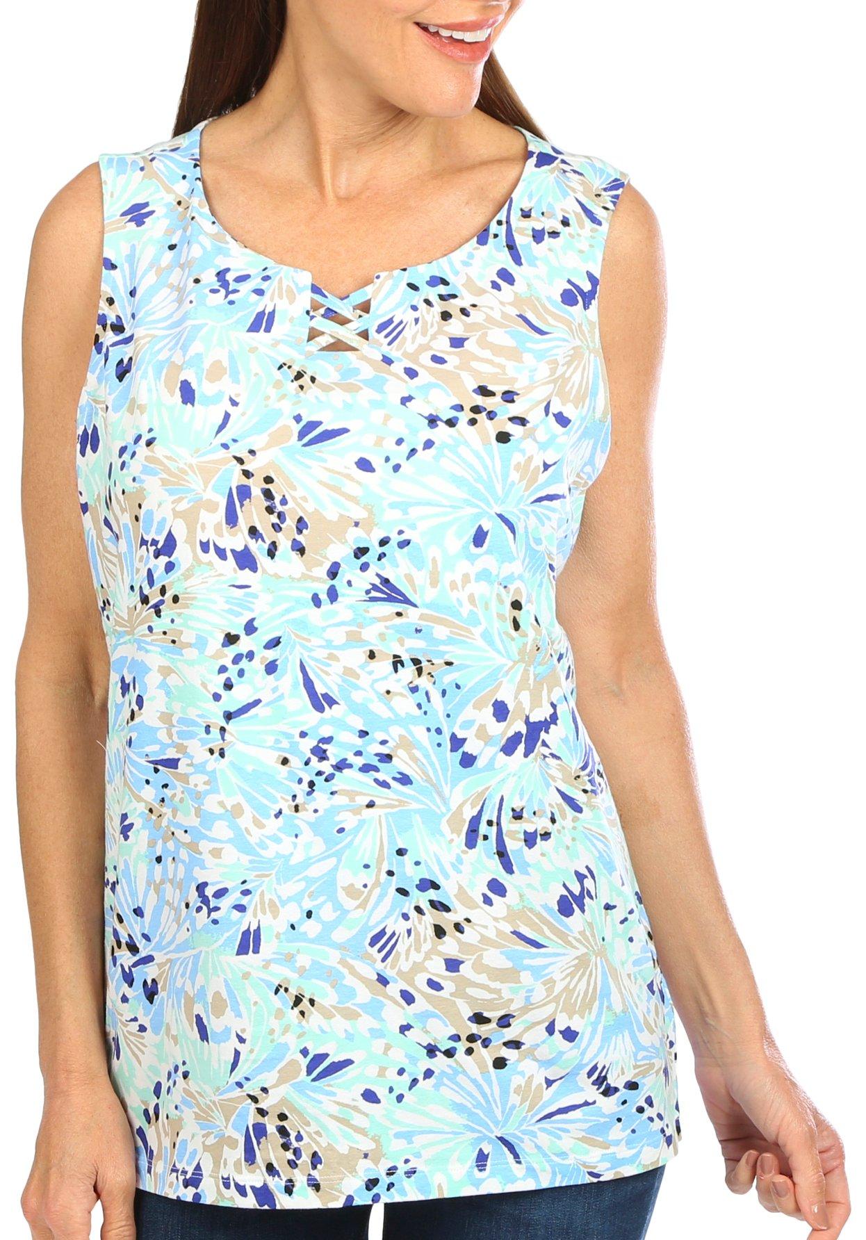 Coral Bay Womens Criss Cross Butterfly Print Sleeveless Top