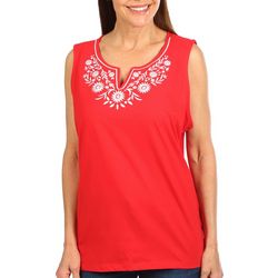 Coral Bay Womens Sleeveless Embroidered Floral Neckline Top