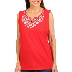 Womens Sleeveless Embroidered Floral Neckline Top