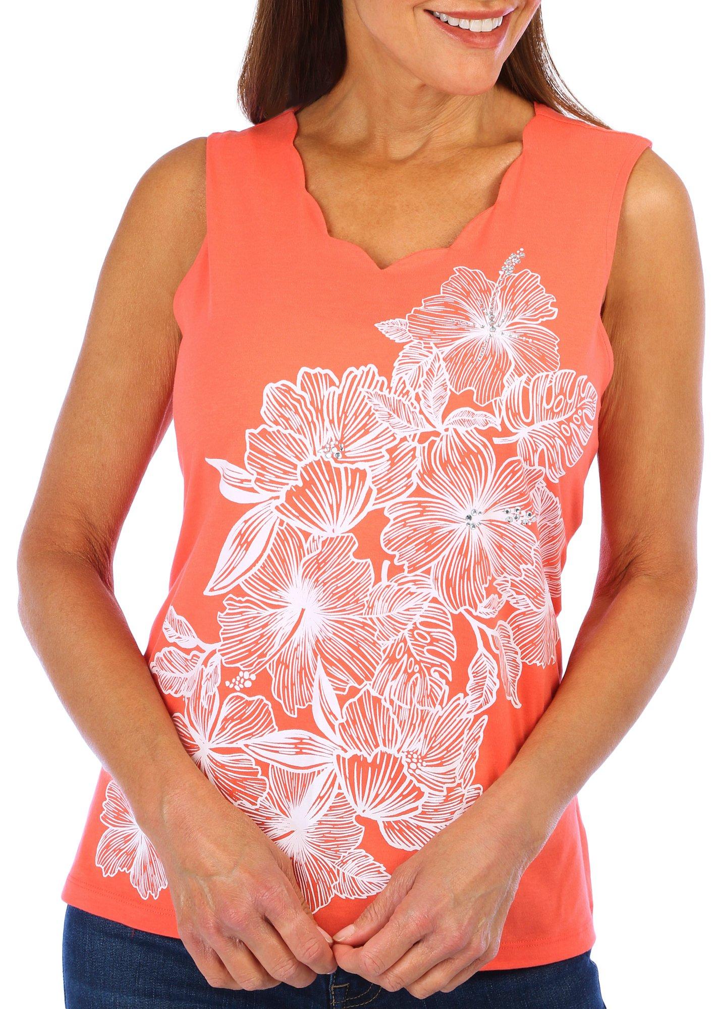 Coral Bay Womens Embellished Hibiscus Sleeveless Top
