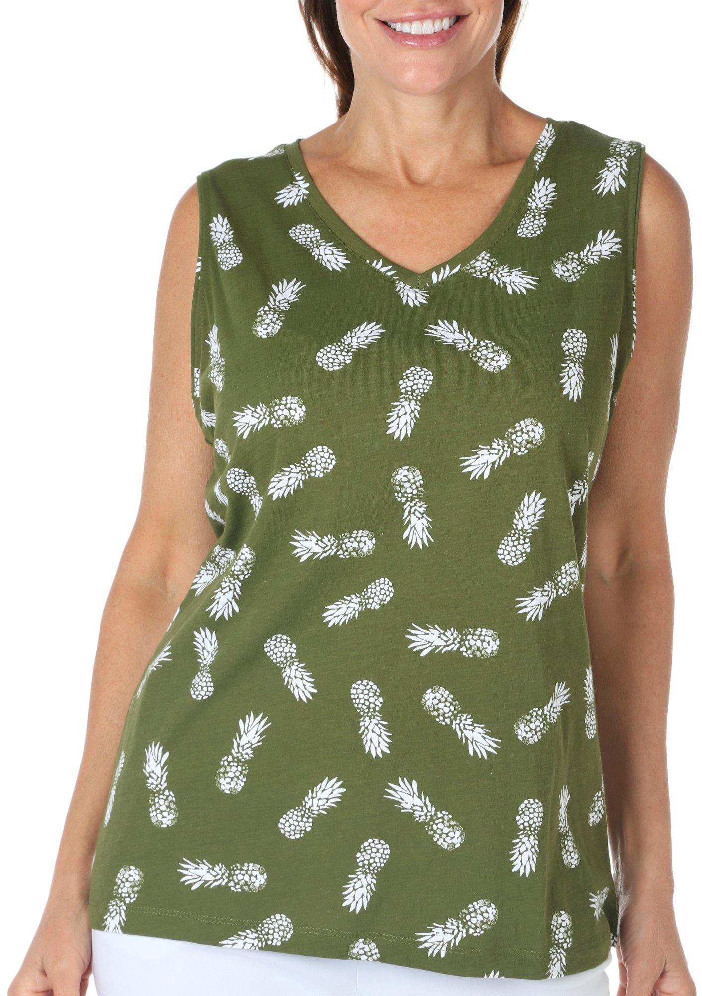 Coral Bay Womens Pineapple Print V-Neck Sleeveless Top