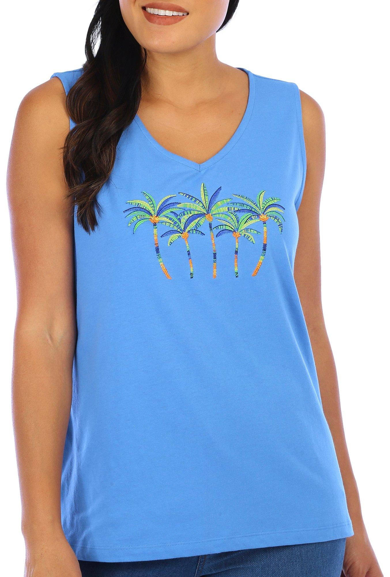 Coral Bay Womens  Embroidered Palm Sleeveless Top