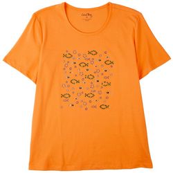 Coral Bay Womens Embellished Fish Crew Short Sleeve Top