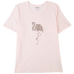 Coral Bay Womens Embellished Flamingo Crew Short Sleeve Top