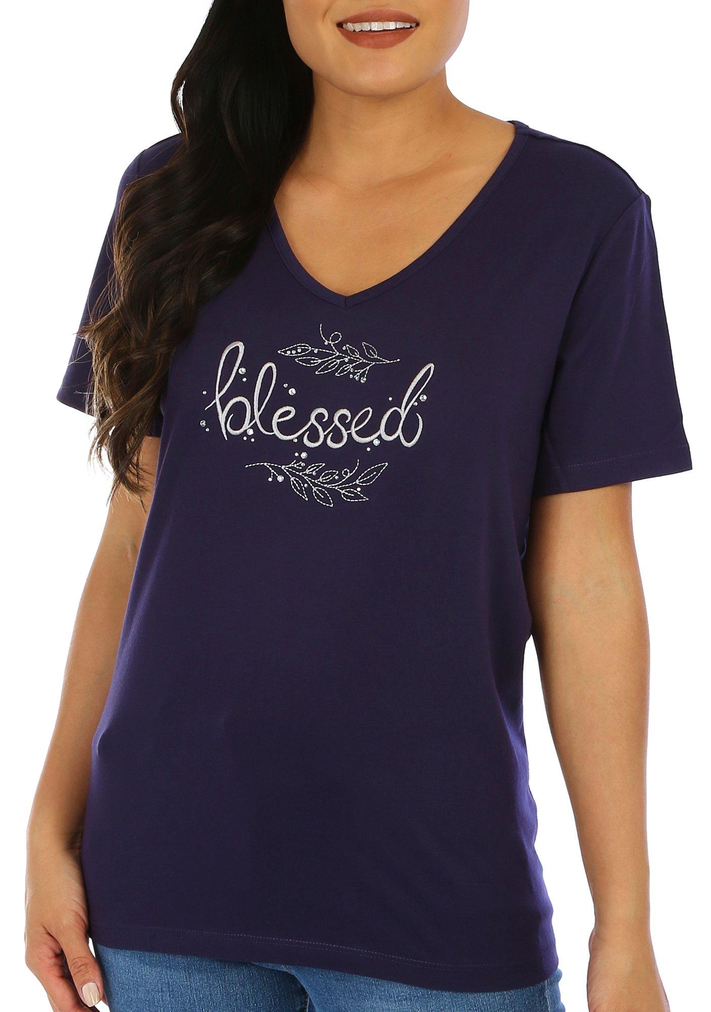 Coral Bay Womens Embroidered Blessed Short Sleeve Tee