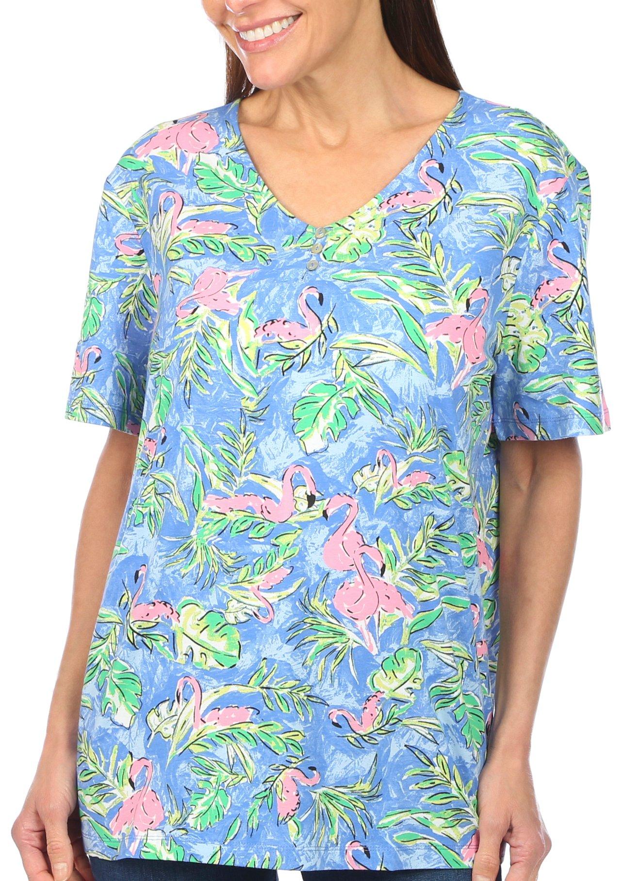 Coral Bay Womens Flamingo Print Henley Short Sleeve Top
