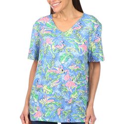 Coral Bay Womens Flamingo Print Henley Short Sleeve Top