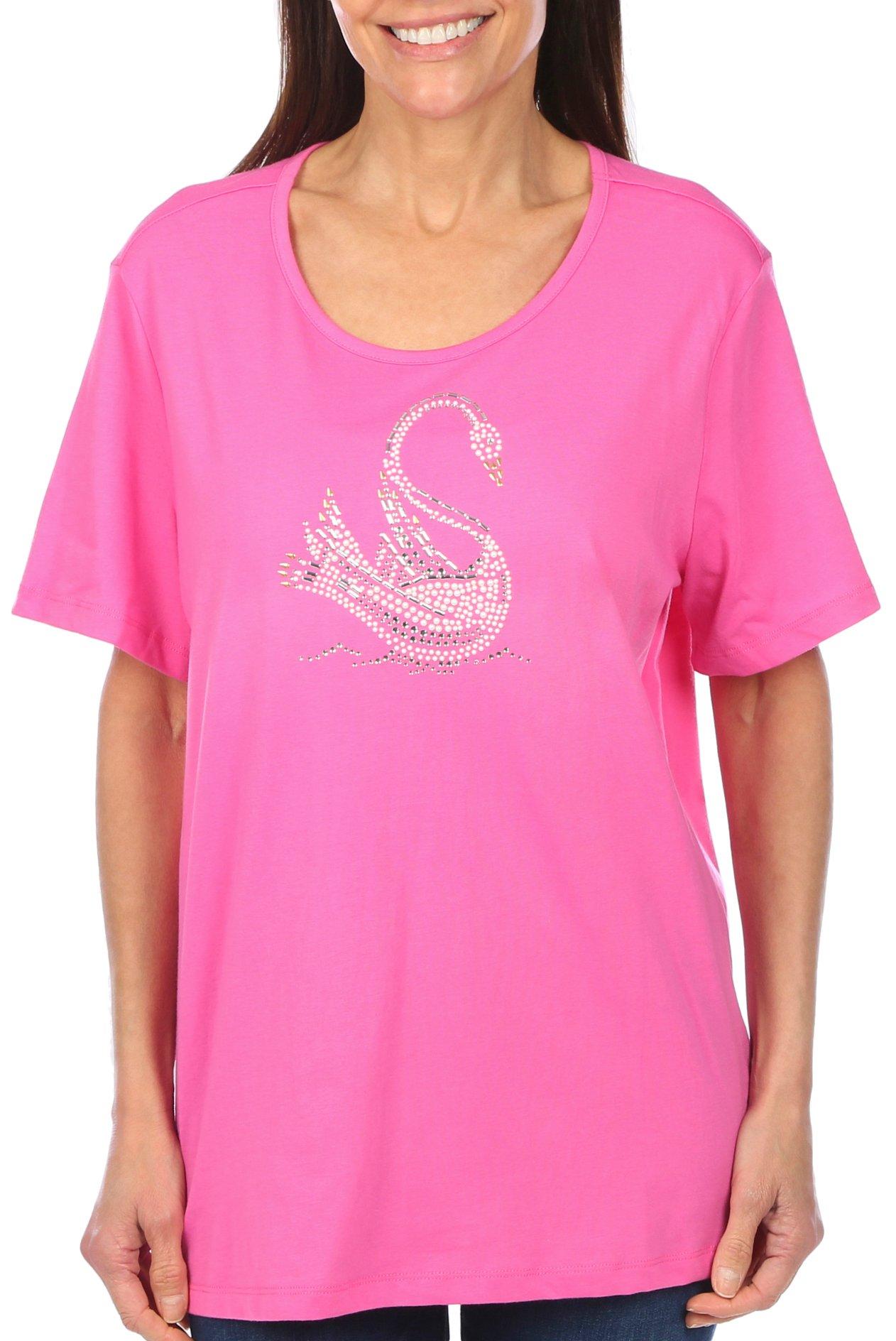 Coral Bay Womens Embellished Jewel Swan Short Sleeve Top