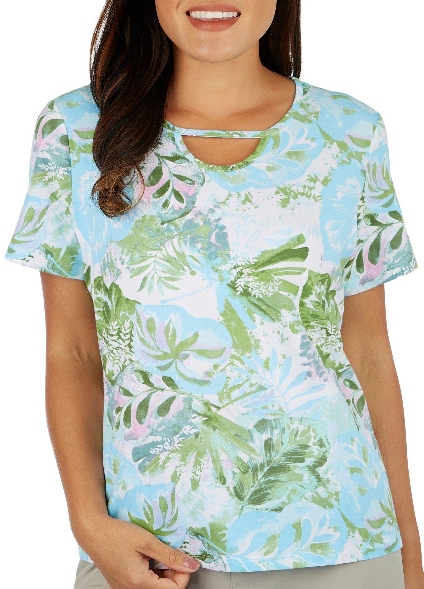 Coral Bay Womens Tropical Print Keyhole Short Sleeve Top