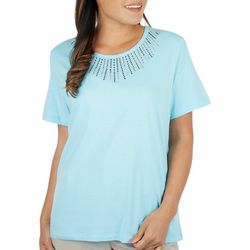 Coral Bay Womens Jeweled Design Short Sleeve Top