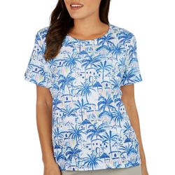 Coral Bay Womens Tropical Print Wide Scoop Short Sleeve Top