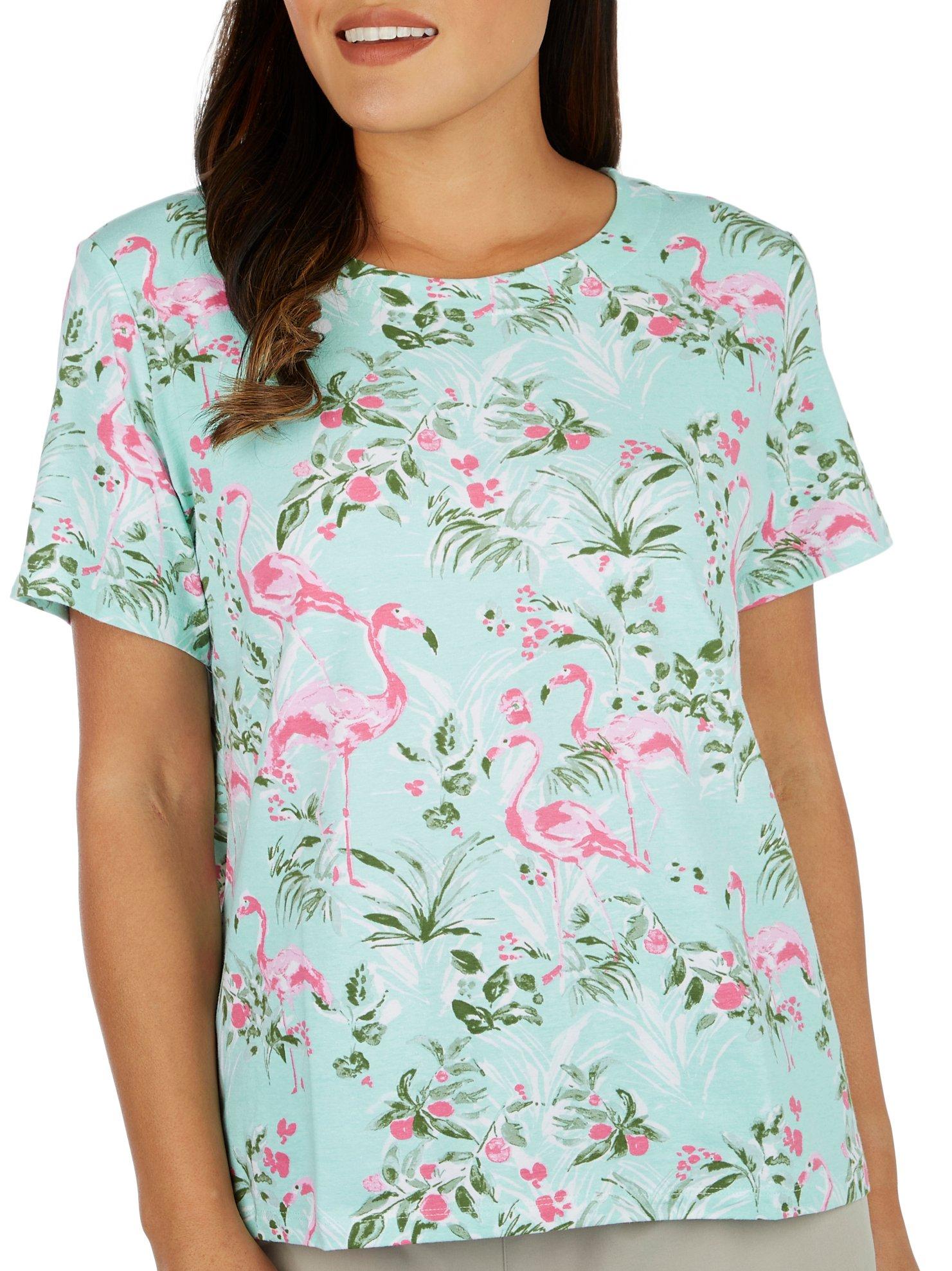 Coral Bay Womens Wide Round Neckline Flamingo Print Top