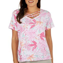 Coral Bay Womens Crisscross Tropical Floral Short Sleeve Top