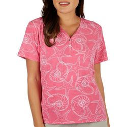 Coral Bay Womens Shell Print Henley Short Sleeve Top