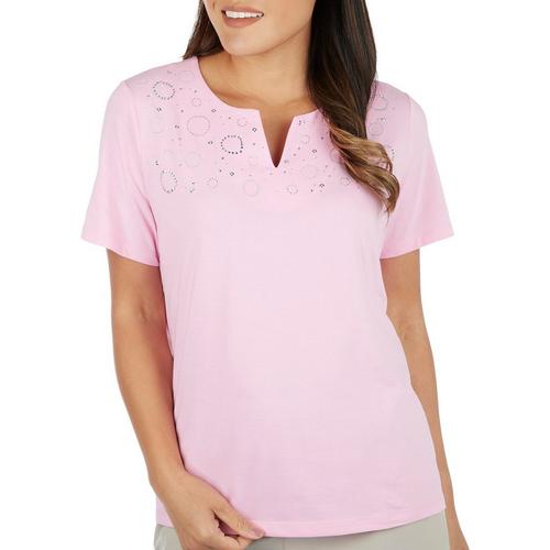 Coral Bay Womens Jeweled V-Neck Short Sleeve Top