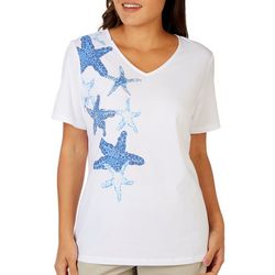 Coral Bay Womens Jeweled Starfish V-Neck Short Sleeve Top
