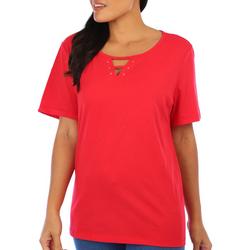 Womens Solid Woven Keyhole Short Sleeve Top