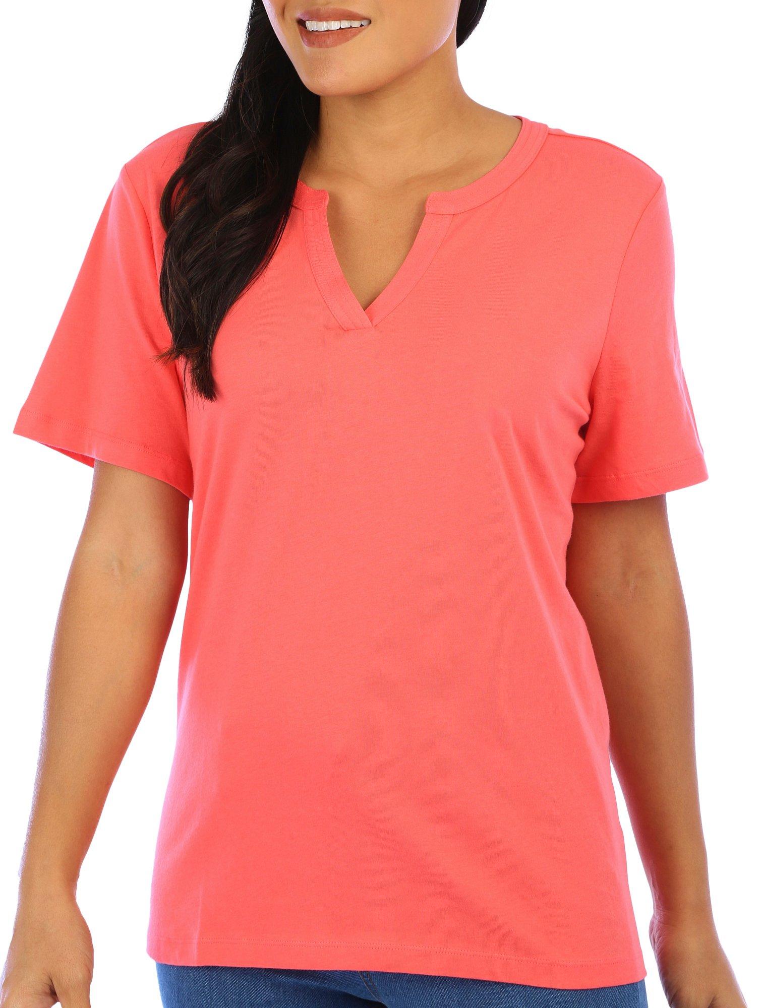 Coral Bay Womens Solid Split Neck Short Sleeve
