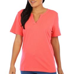 Coral Bay Womens Solid Split Neck Short Sleeve Top