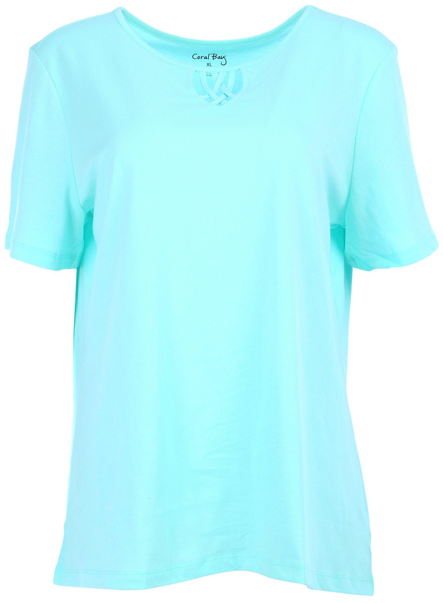 Coral Bay Womens Solid Keyhole Neck Short Sleeve Top