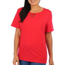 Coral Bay Womens Solid Woven Keyhole Short Sleeve Top