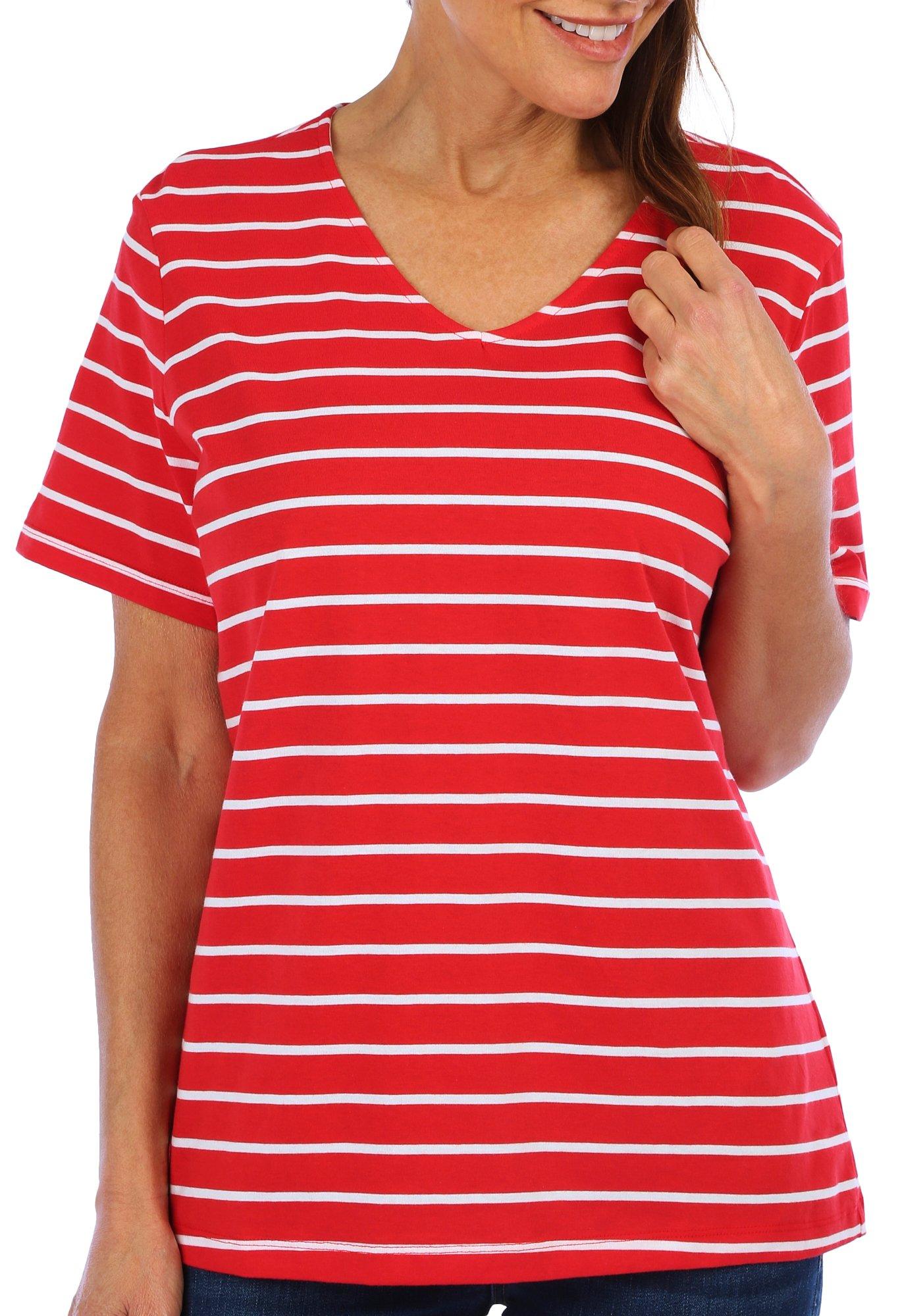 Womens Striped V-Neckline Short Sleeve Top