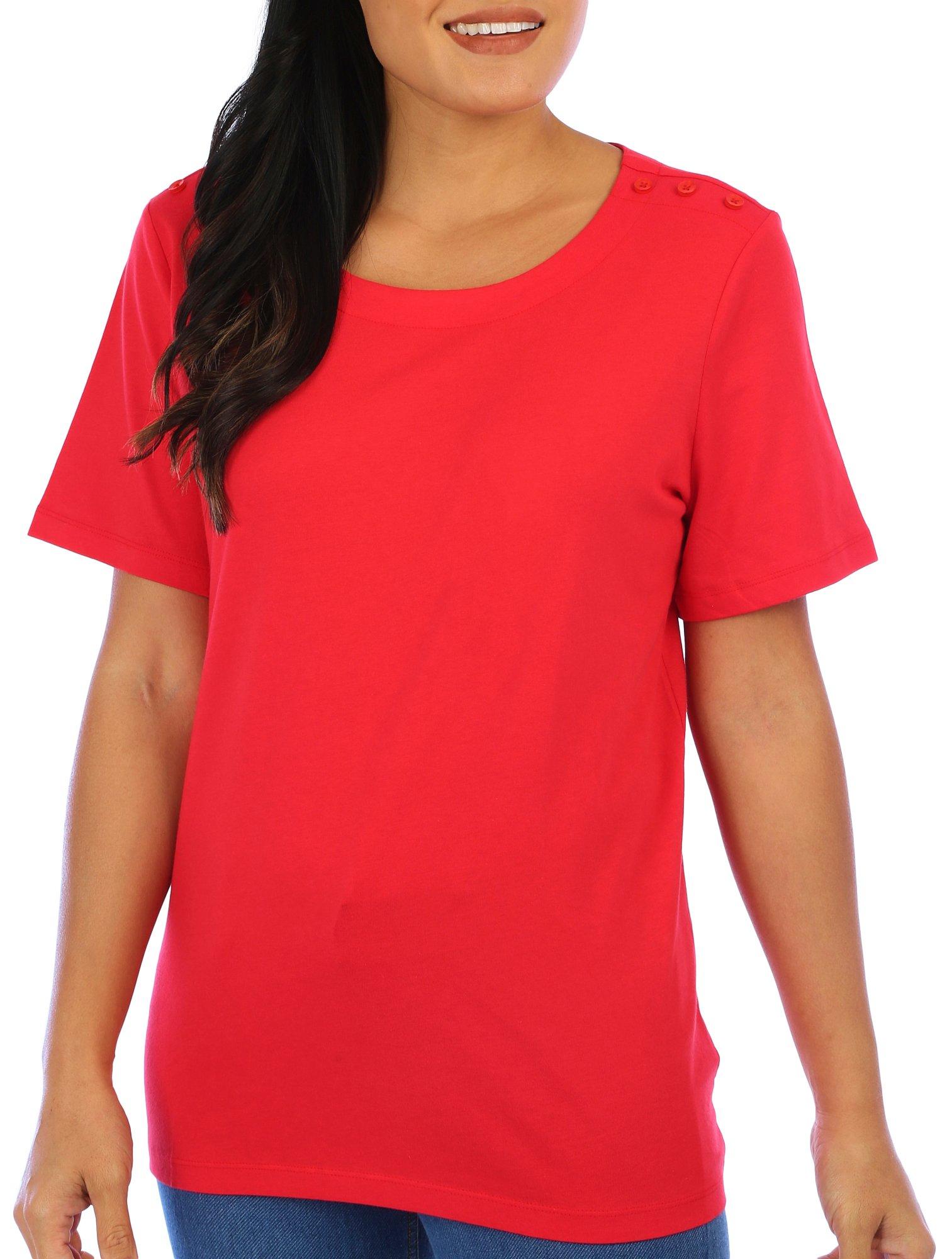 Coral Bay Womens Solid Button Accent Short Sleeve Top