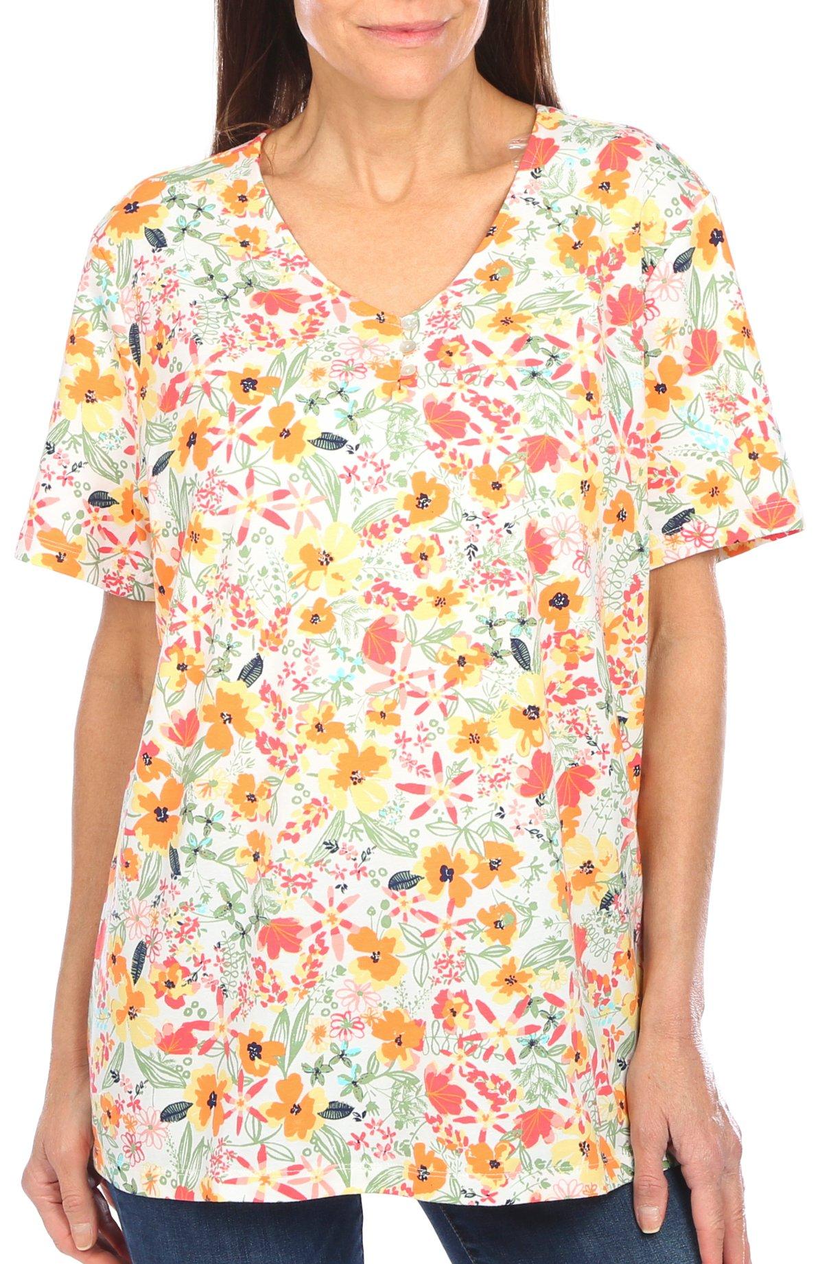 Coral Bay Womens Print Button Placket Short Sleeve Top