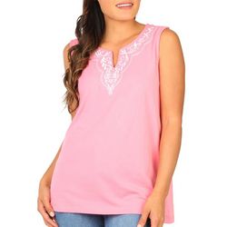 Coral Bay Womens Solid Embroidered Split Neck Sleeveless Top