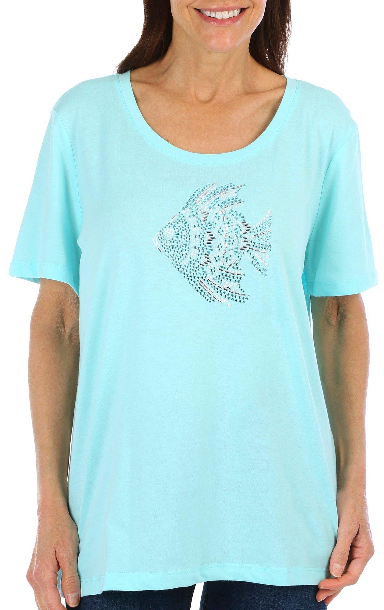 Coral Bay Womens Jewelled Fish Short Sleeve Top