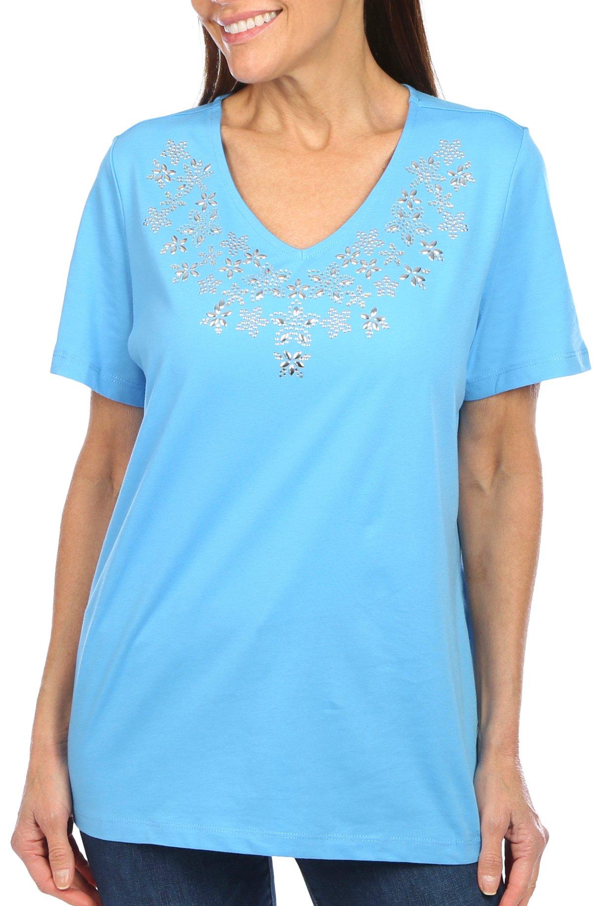 Coral Bay Womens Embellished V-Neckline Short Sleeve Top